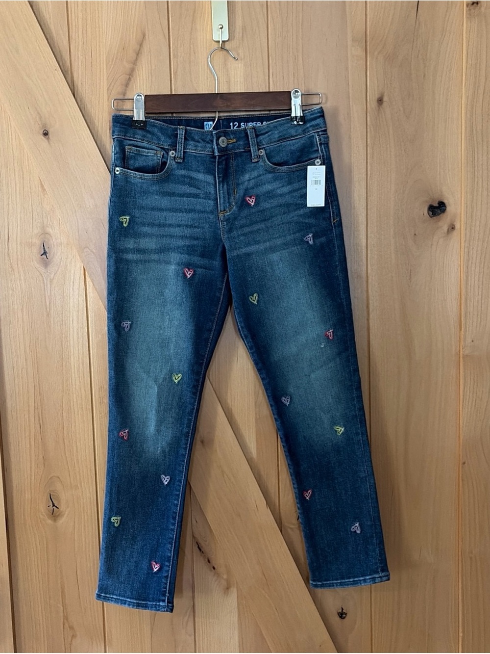 Gap Girls NWT Size 12 Super Skinny Jeans Blue Denim Hearts Embroidered